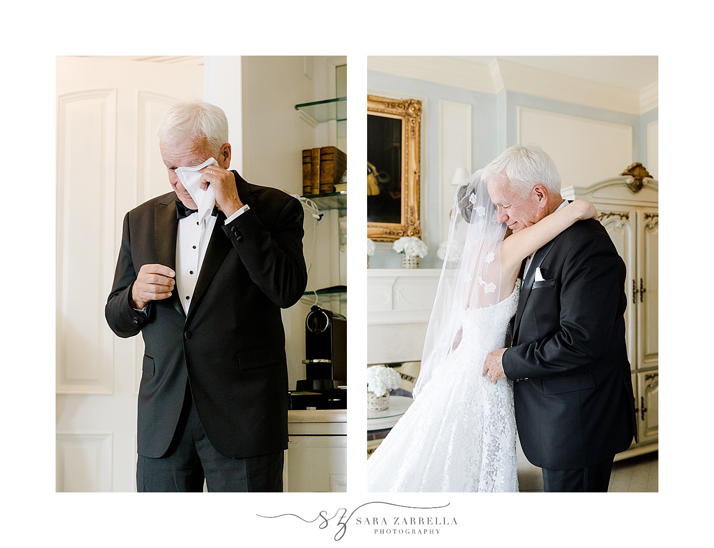 bride and dad hug crying during first look inside the bridal suite at the Chanler