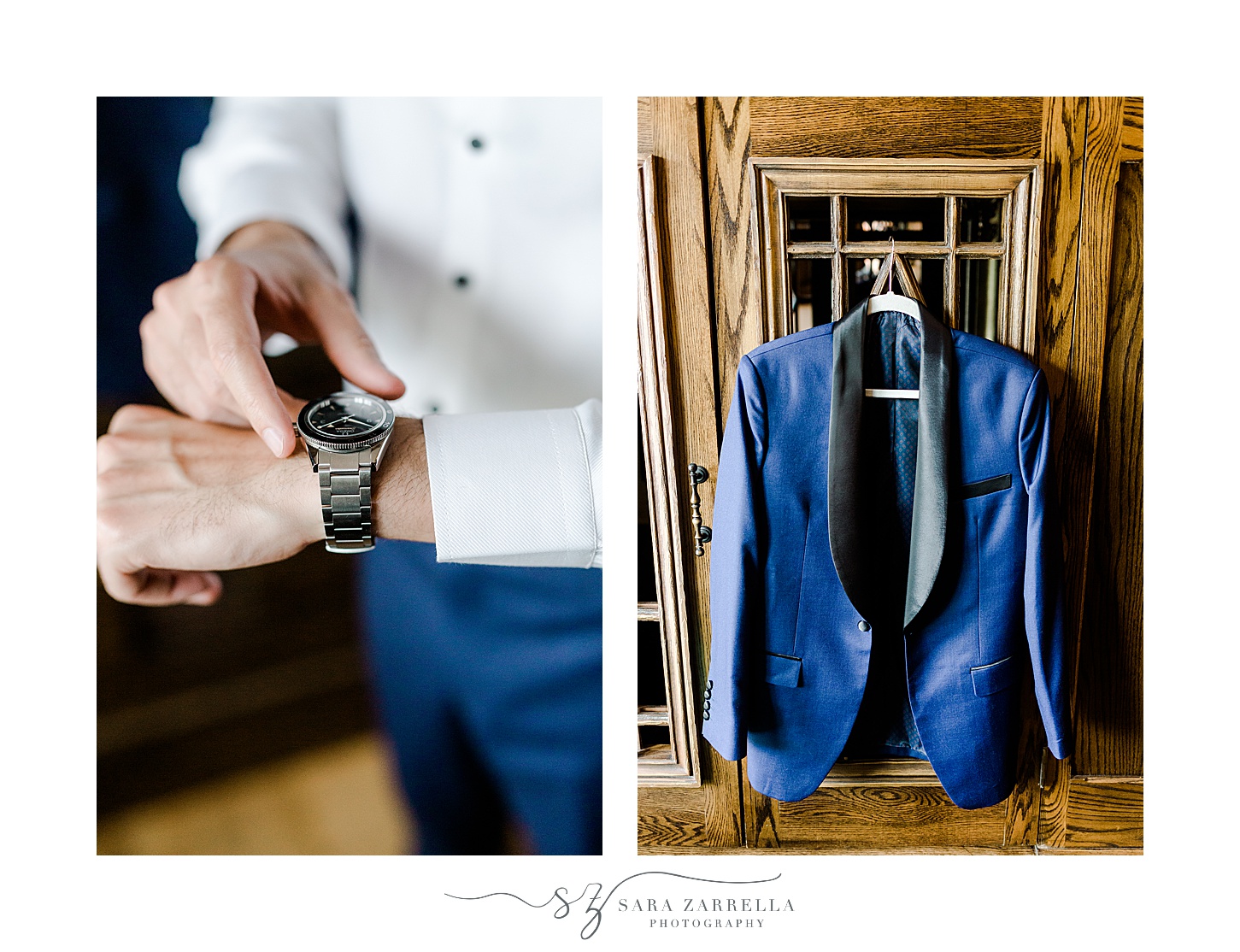 groom adjusts watch on wrist wearing blue suit jacket 