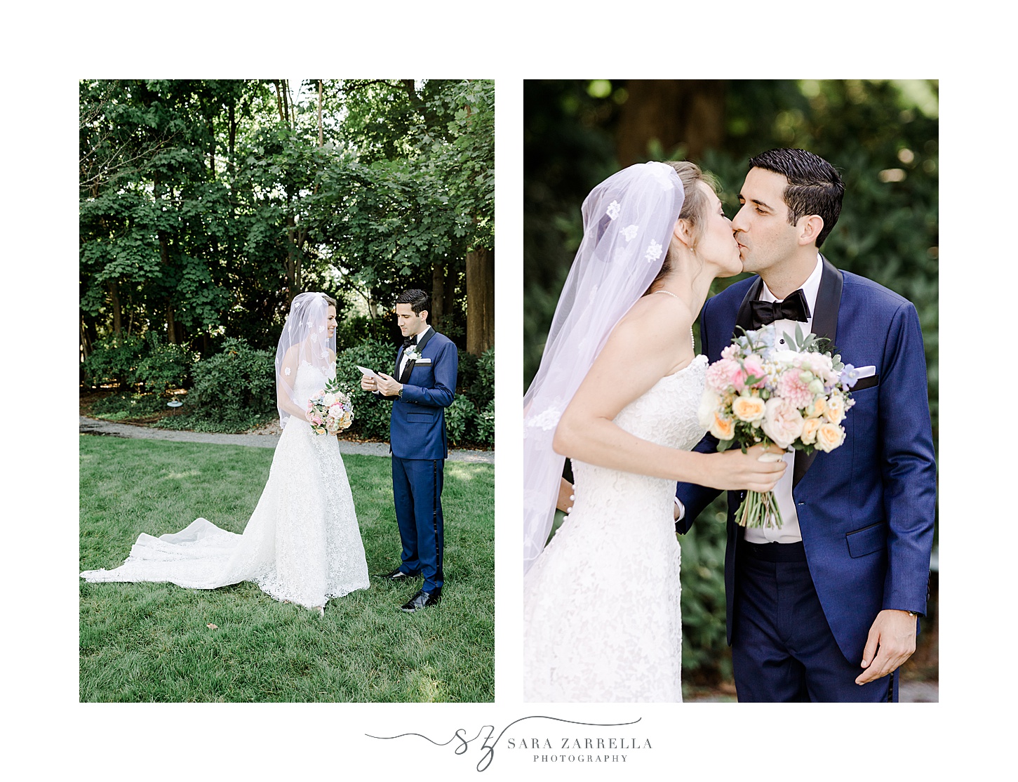 newlyweds kiss on lawn at the Chanler during first look 