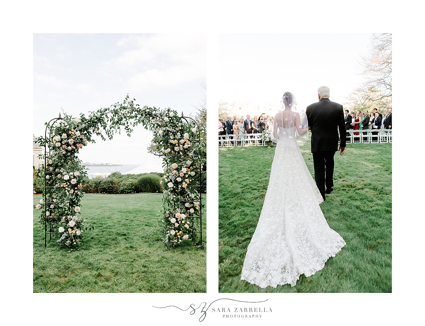 bride walks down aisle with father at the Chanler