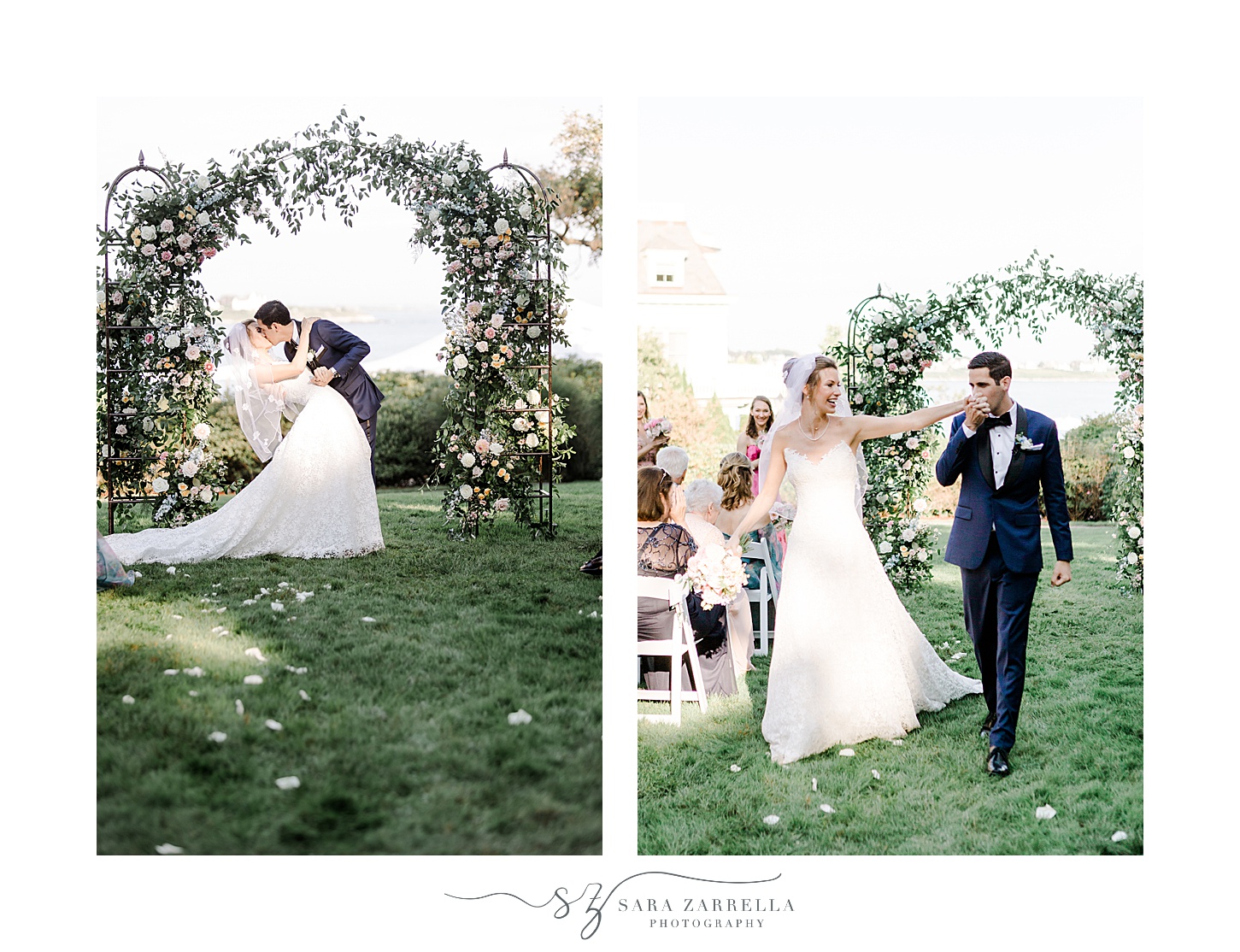 newlyweds kiss and walk up aisle after ceremony on lawn at the Chanler