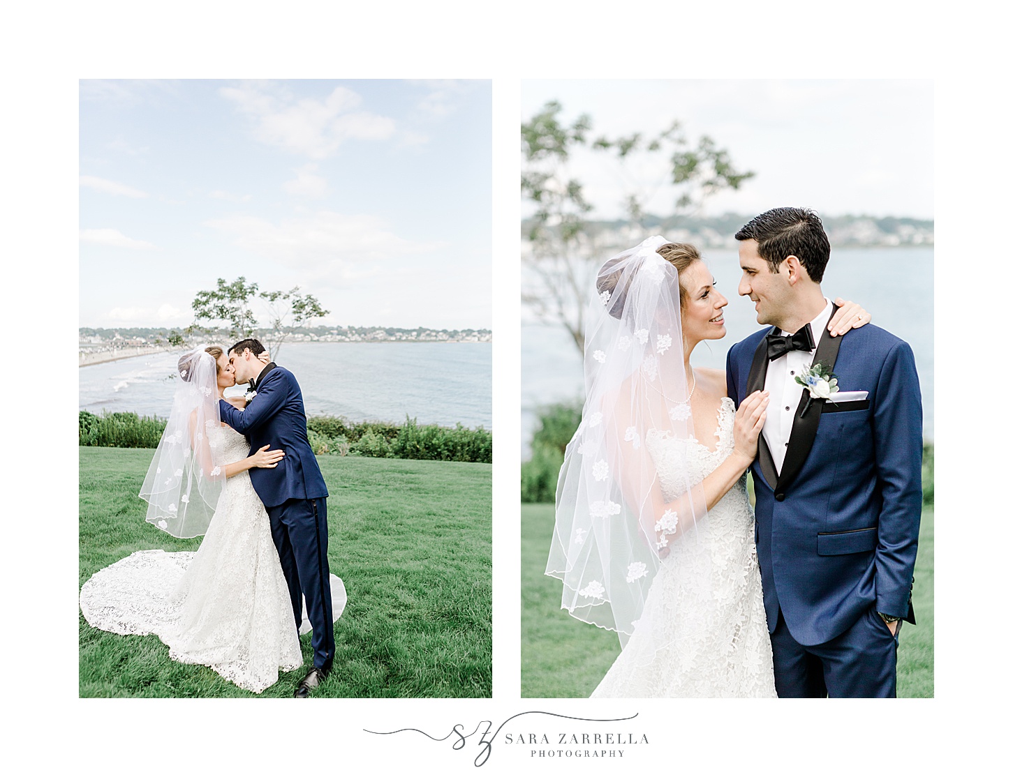couple hugs on lawn at the Chanler with waterfront behind them 