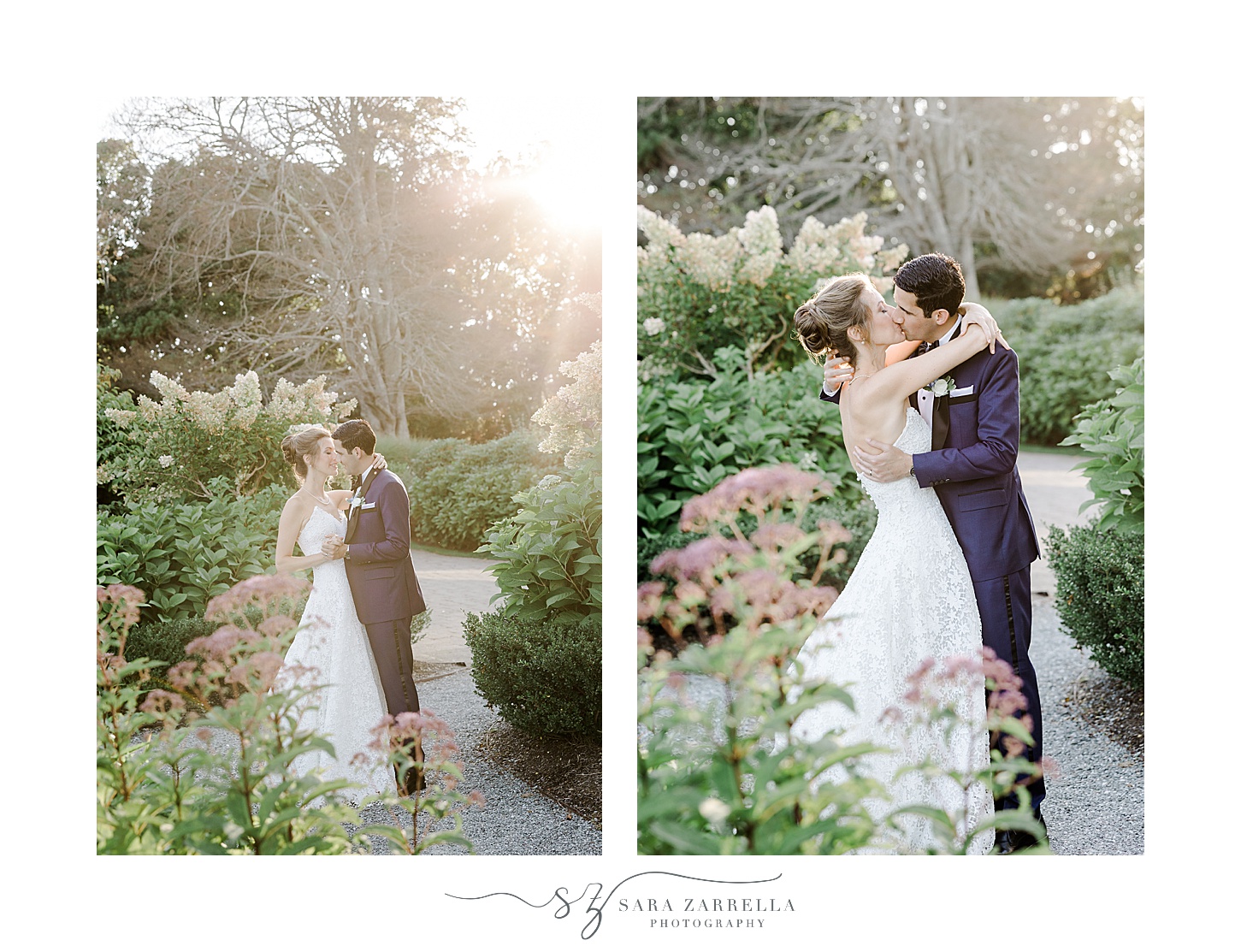 bride and groom hug in gardens of the Chanler in Newport RI 