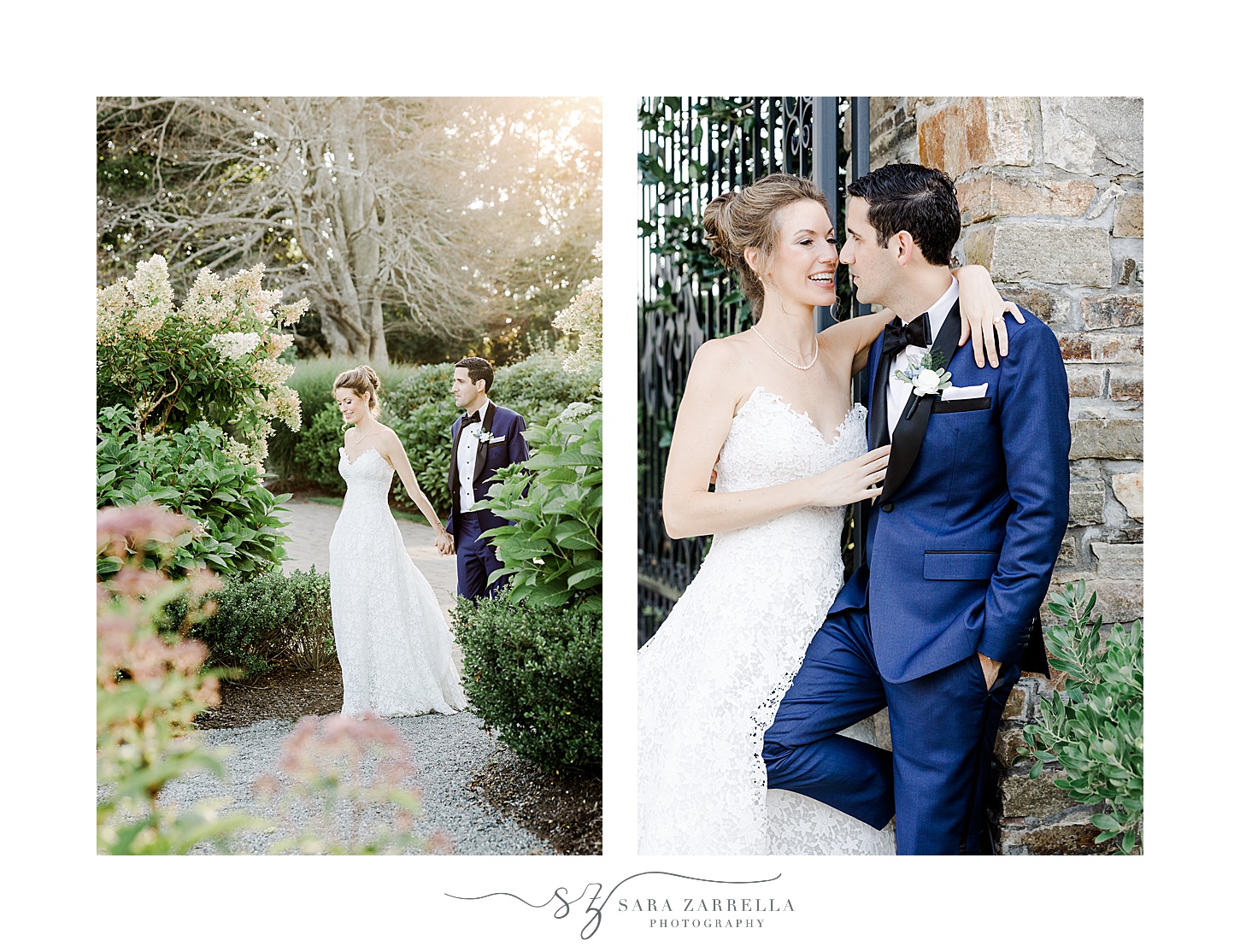 bride and groom hug leaning against stone wall at the Chanler 
