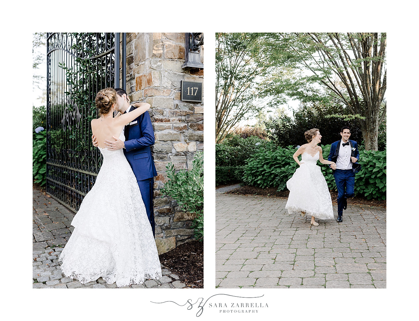 newlyweds ug and kiss leaning against stone gate at the Chanler 