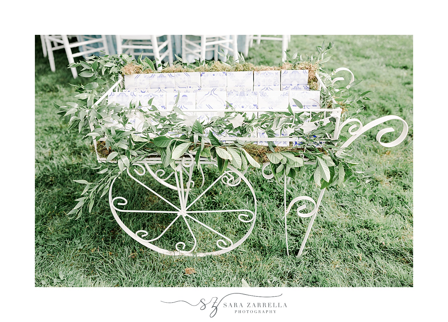 white wagon with greenery for reception at the Chanler