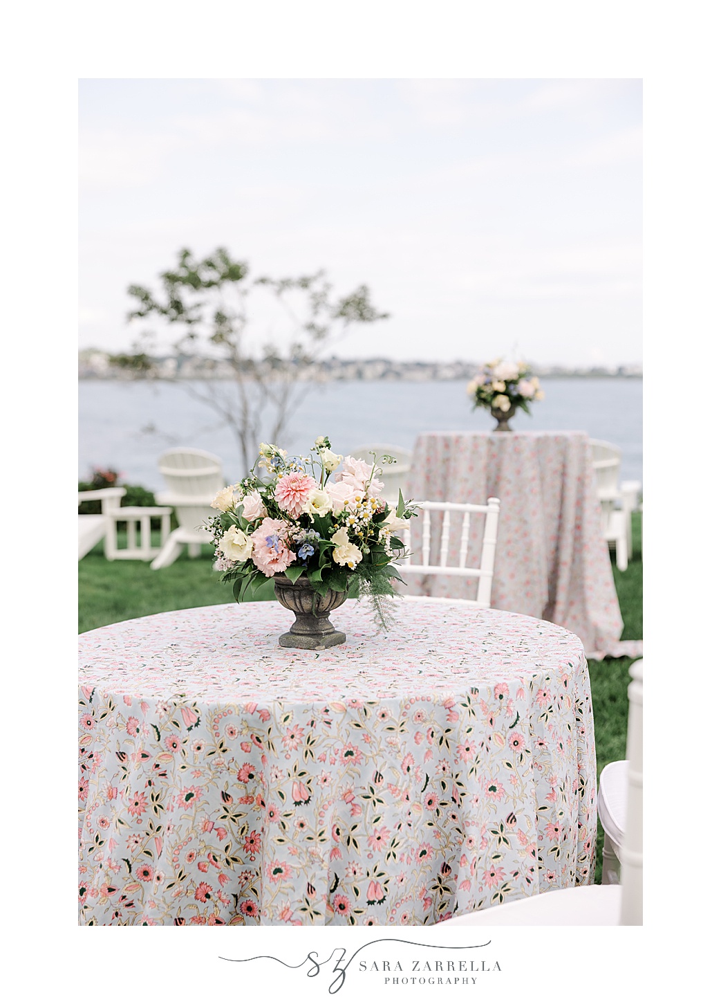 wedding reception tables with pink table clothes at the Chanler