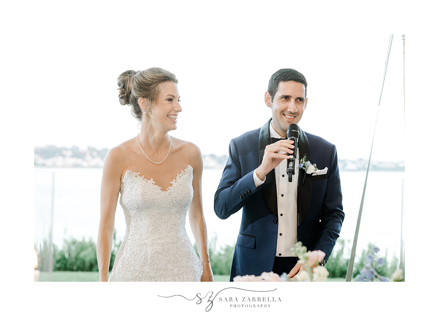bride and groom give speech during Newport RI wedding reception 
