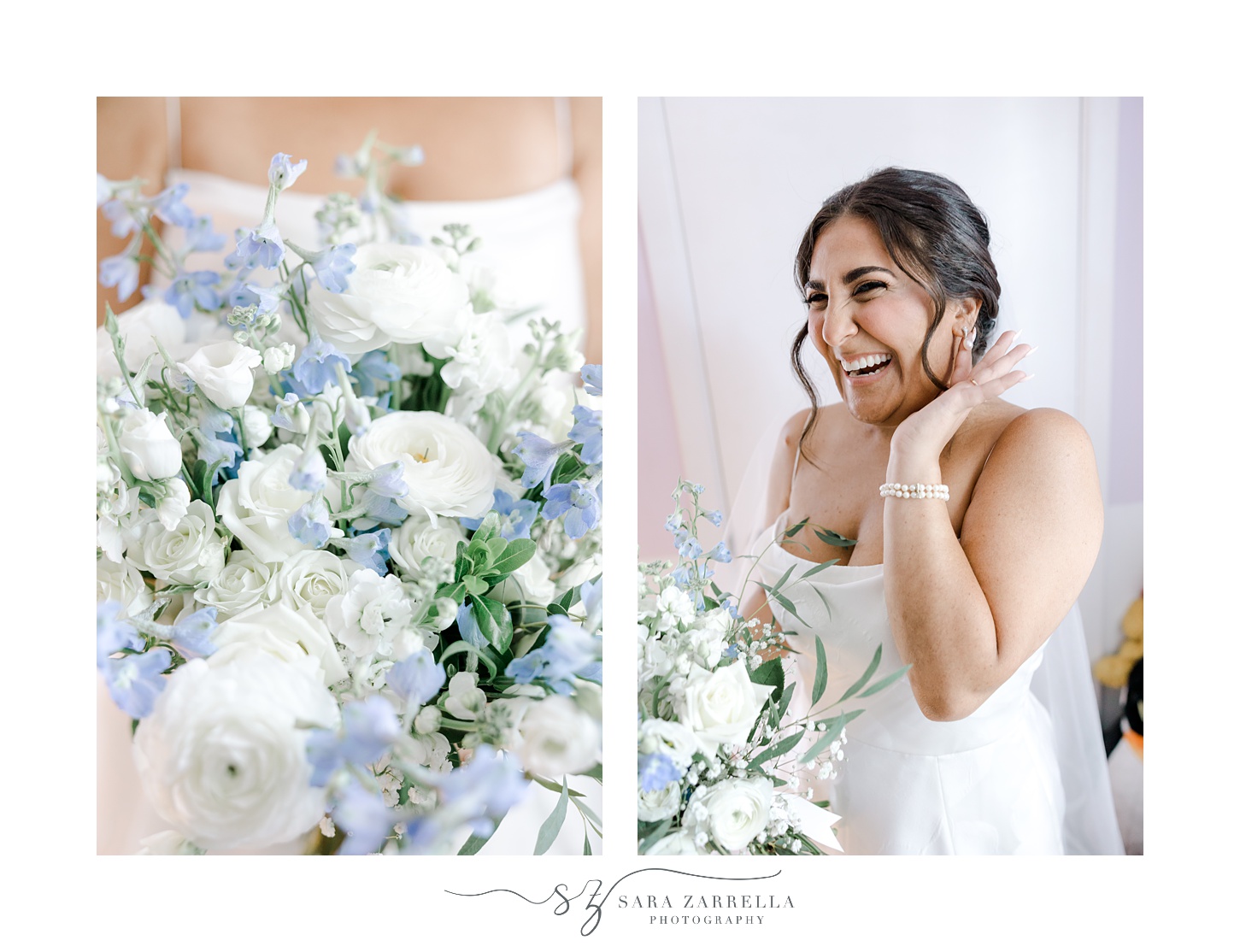 bride holds bouquet of blue and white flowers for summer wedding in Rhode Island