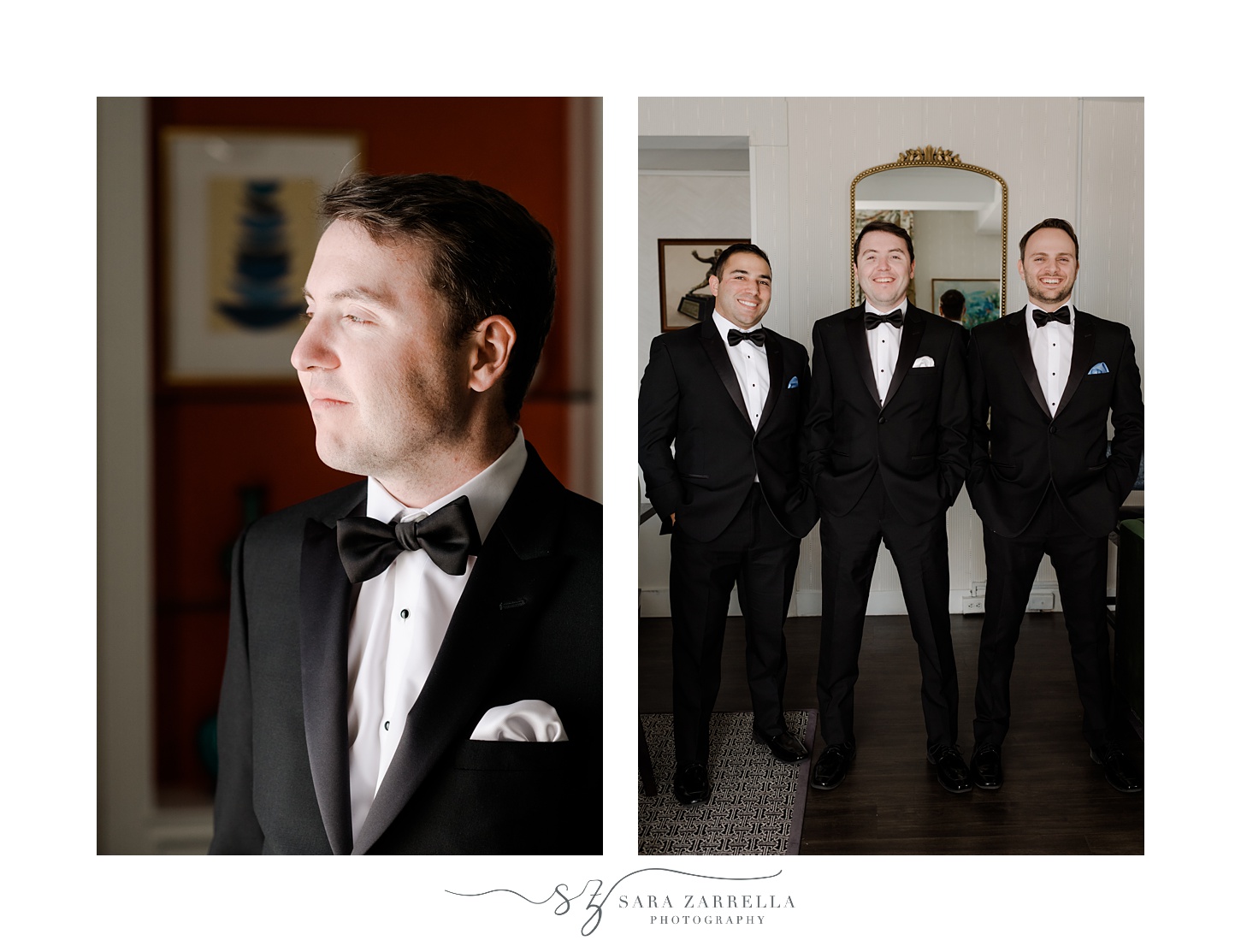 groom in black suit looks out window with groomsmen in Rhode Island