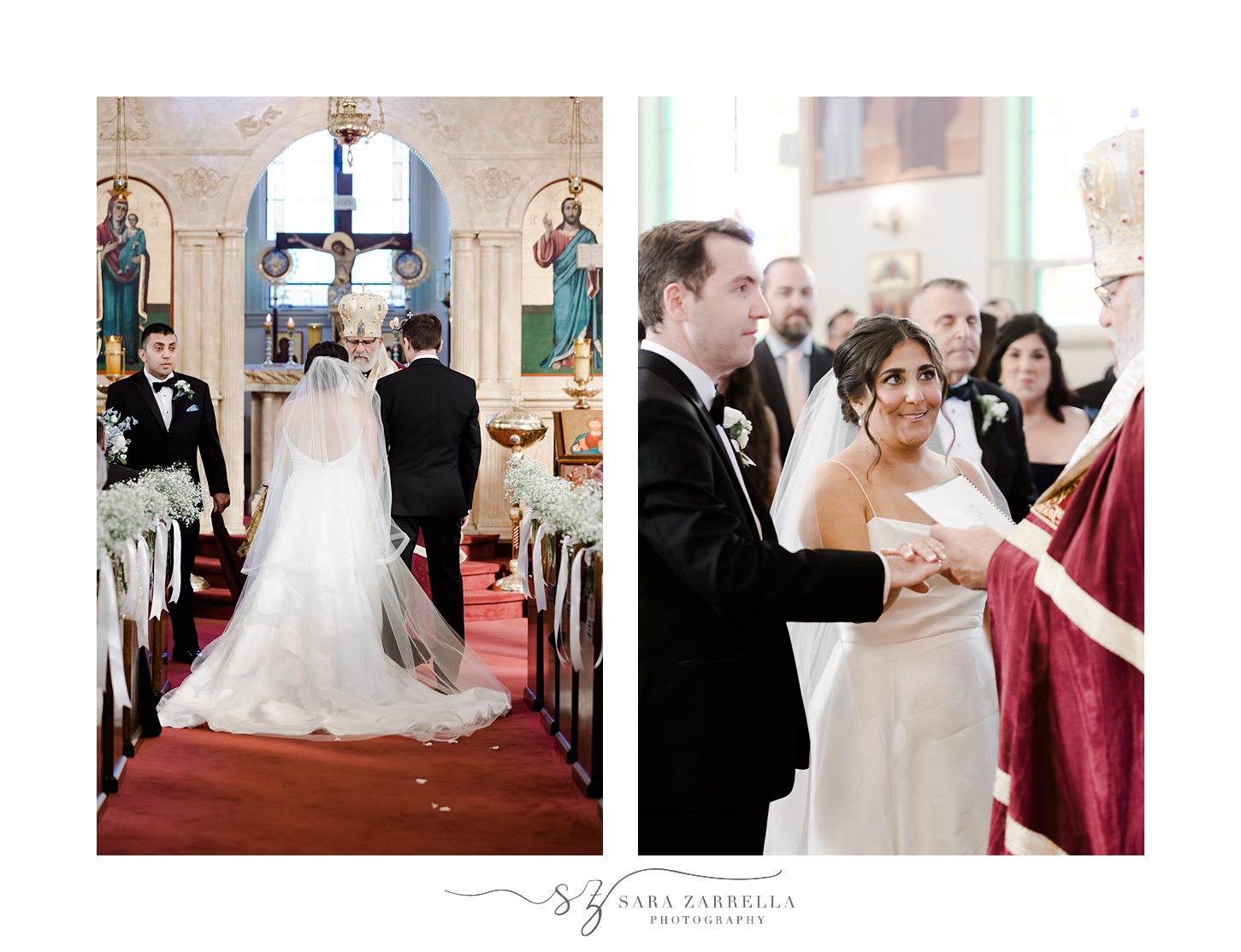 bride and groom face father during traditional Greek Orthodox ceremony inside Saint Mary Antiochian church