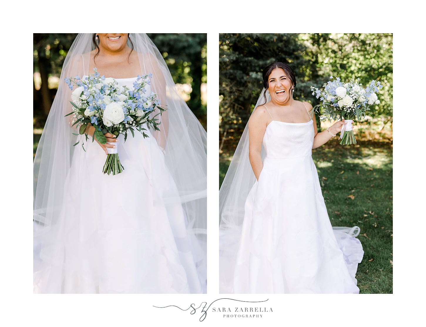 bride holds bouquet of blue and white flowers in Providence RI