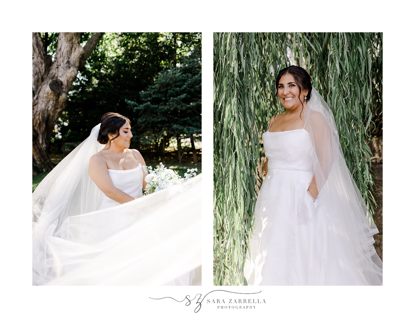 bride smiles between leaves of weeping willow 