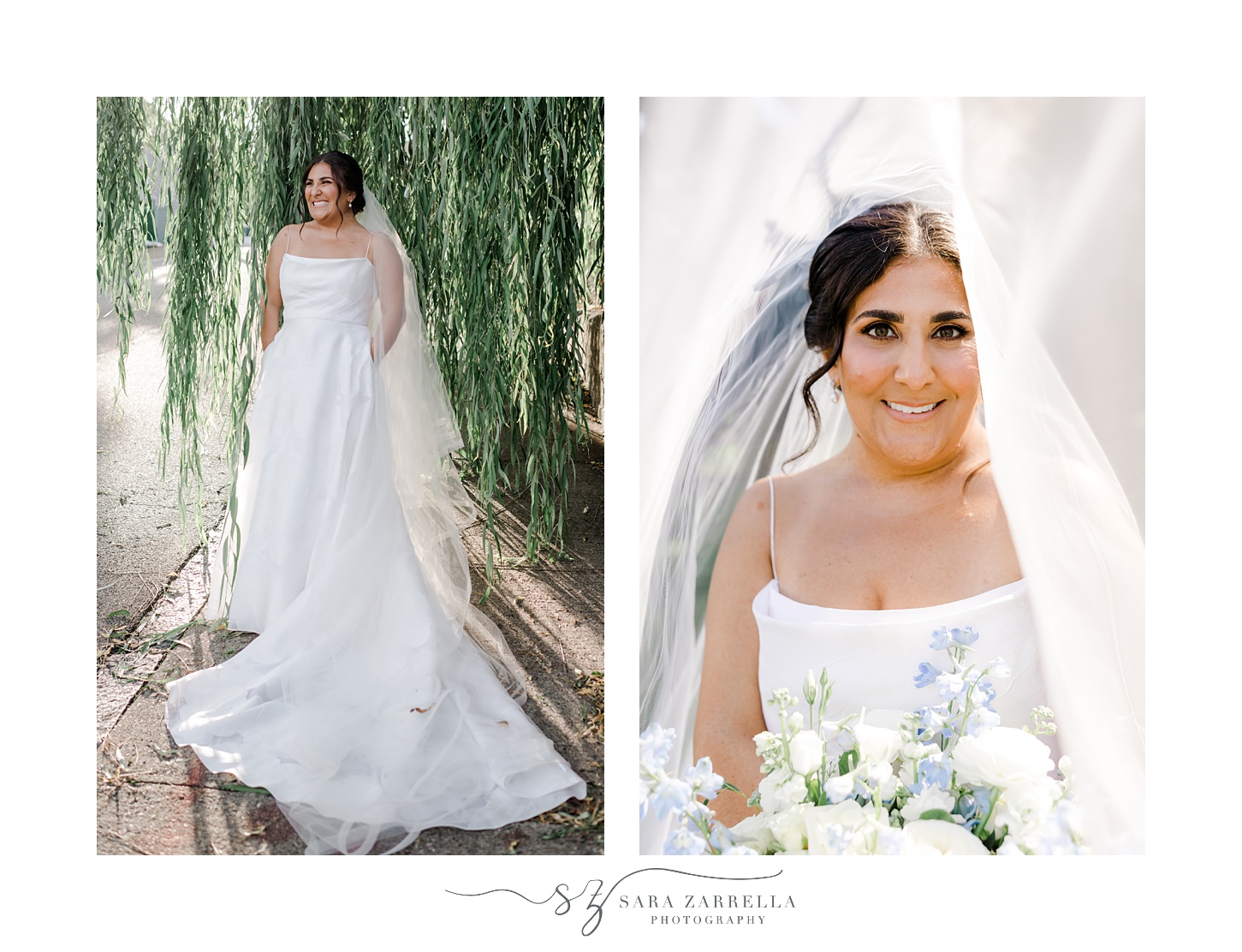 bride smiles under weeping willow with veil over her head in Providence RI