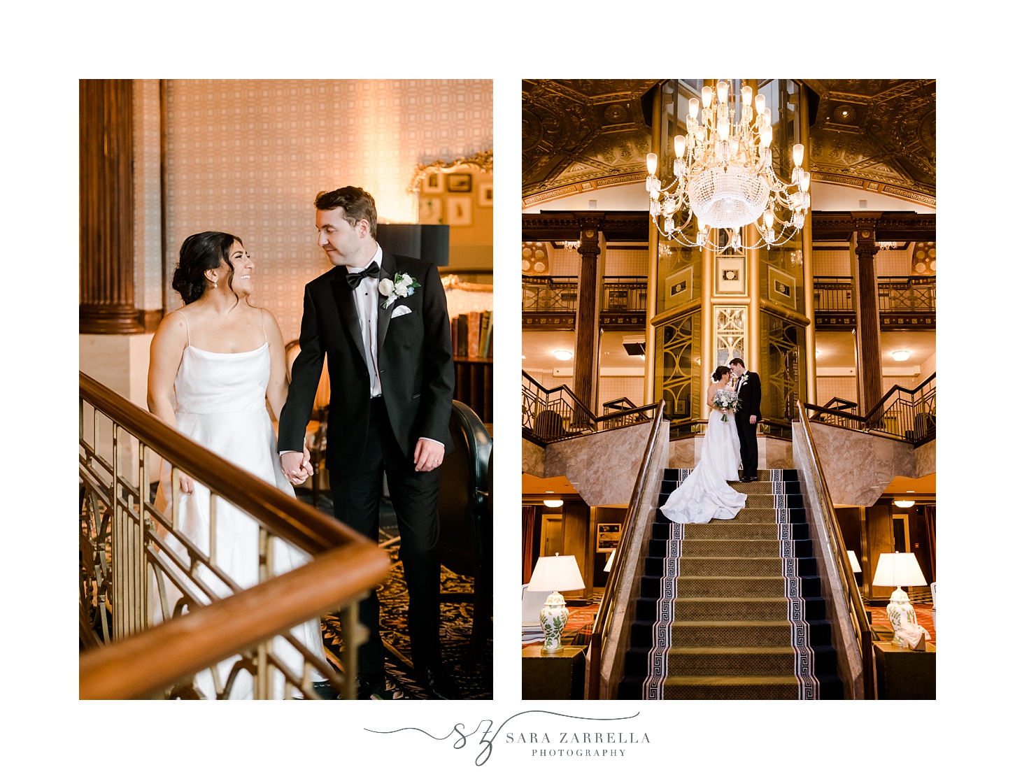 newlyweds walk down staircase inside the Graduate Providence
