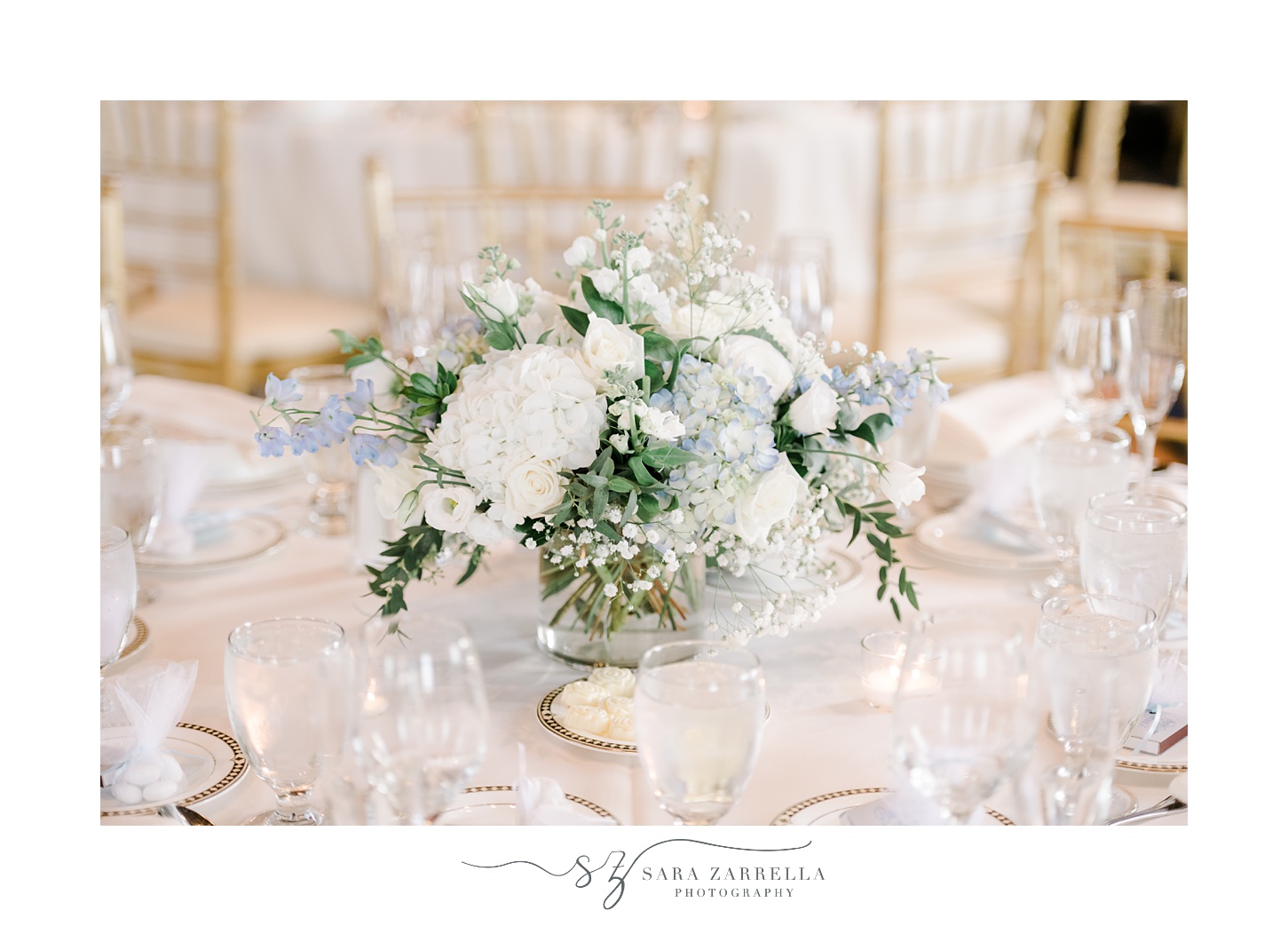 blue and white flower centerpiece with baby's breath at the Graduate Providence