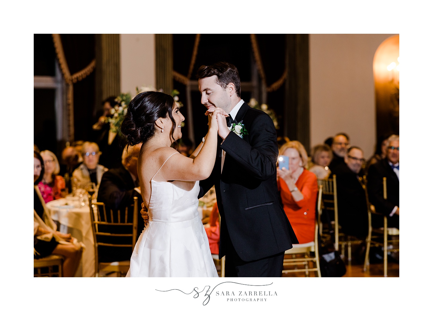bride and groom have first dance during Providence RI wedding reception