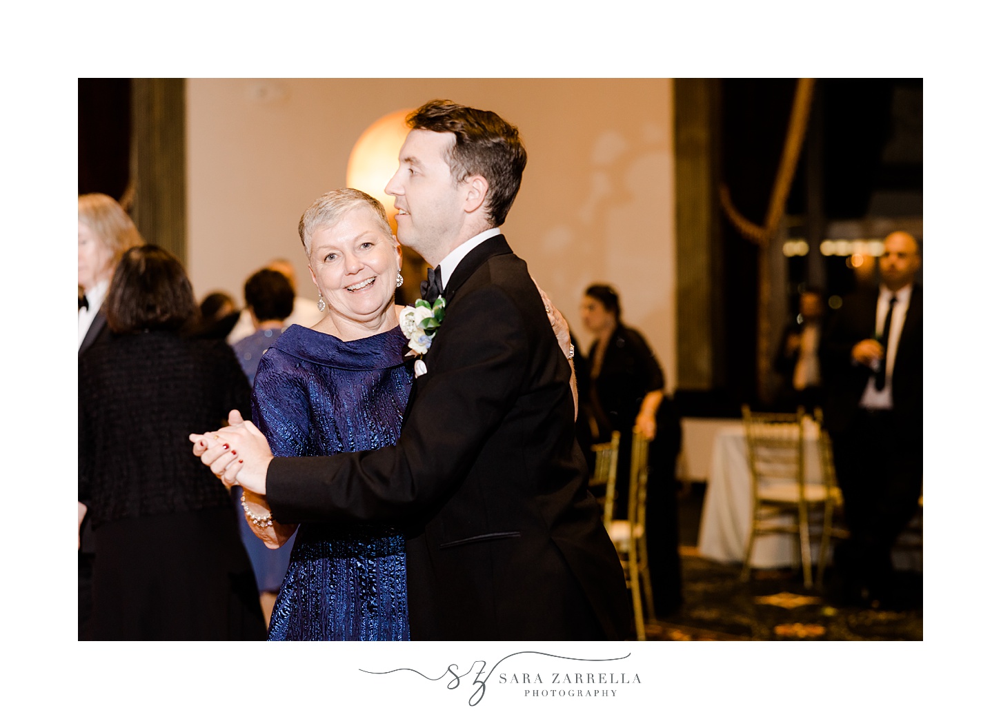 groom dances with mom during Providence RI wedding reception