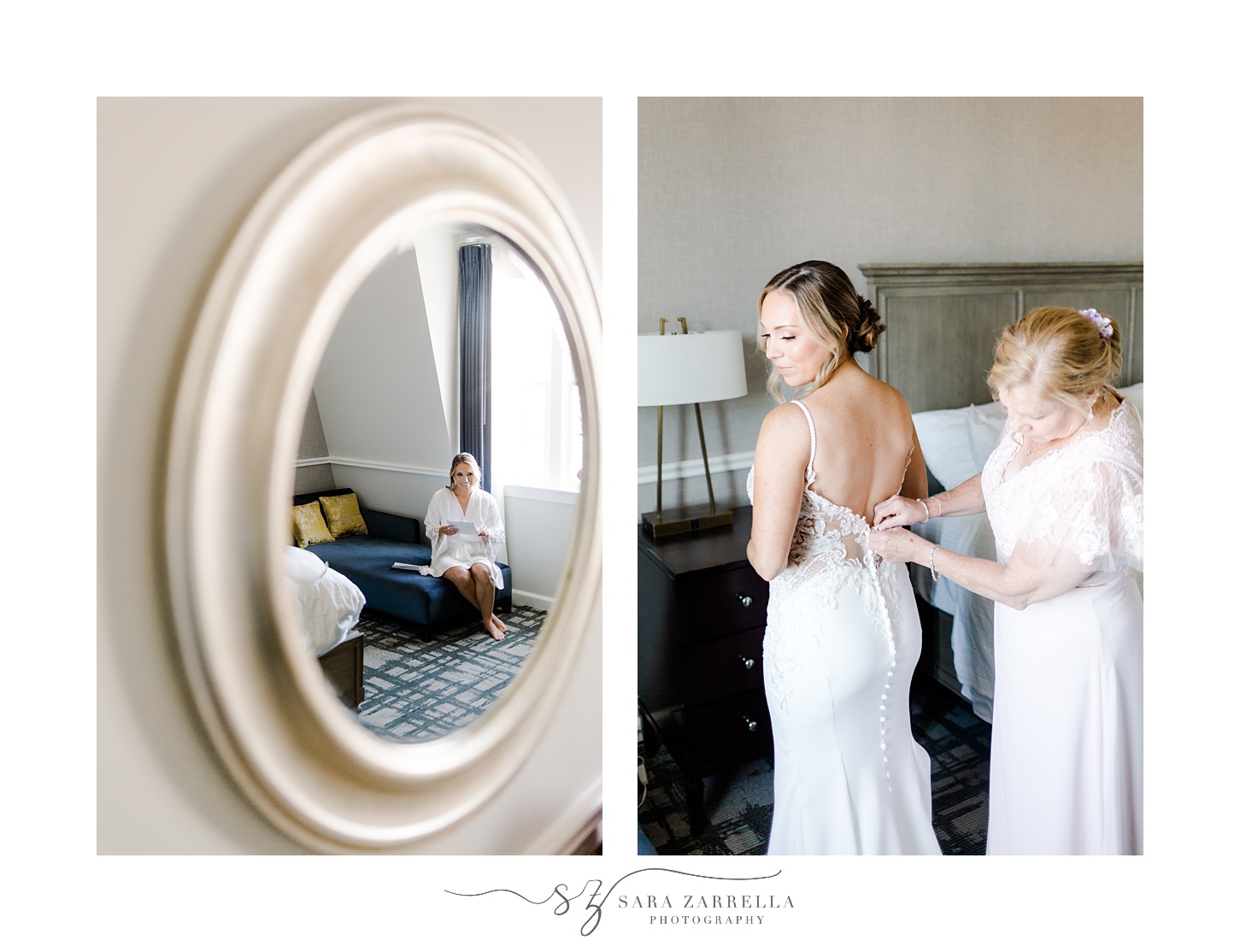 mother helps bride into wedding dress with gold framed mirror reflection 