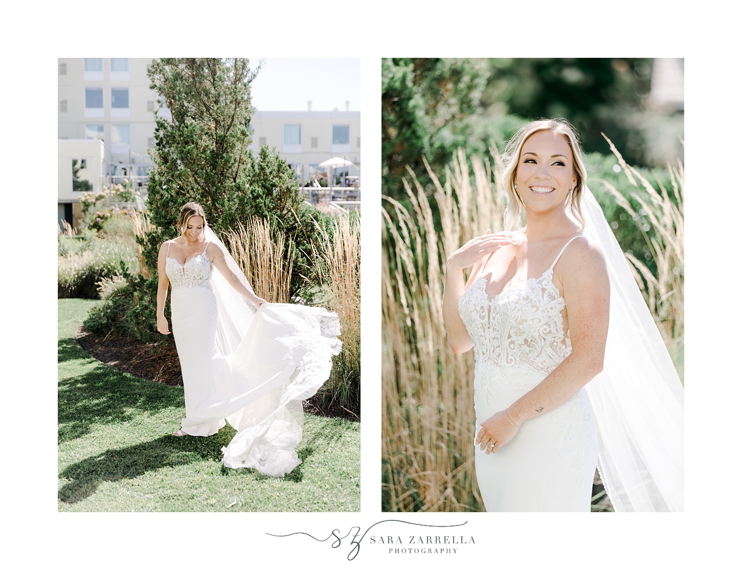 bride stands in front of bushes at Regatta Place
