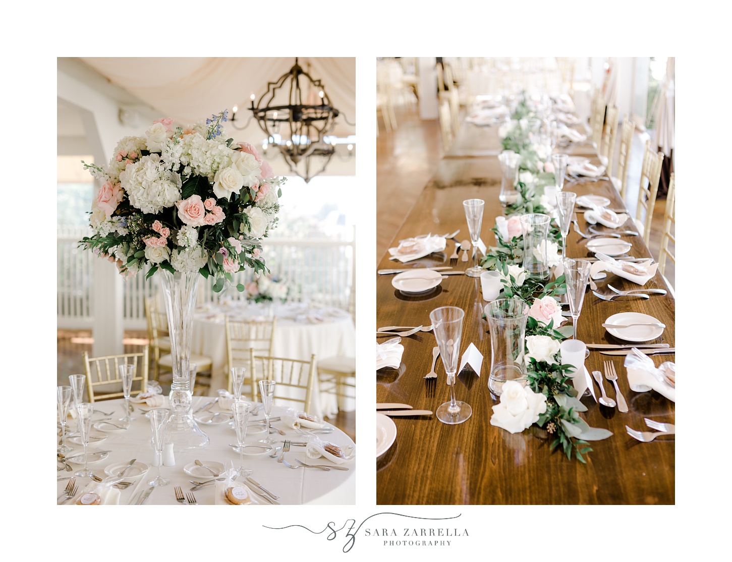 summer wedding reception with pink and white flowers on wooden table at Regatta Place