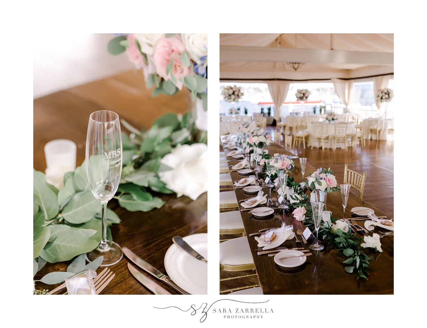 wedding reception at Regatta Place with wooden tables featuring greenery and pink and white flowers 