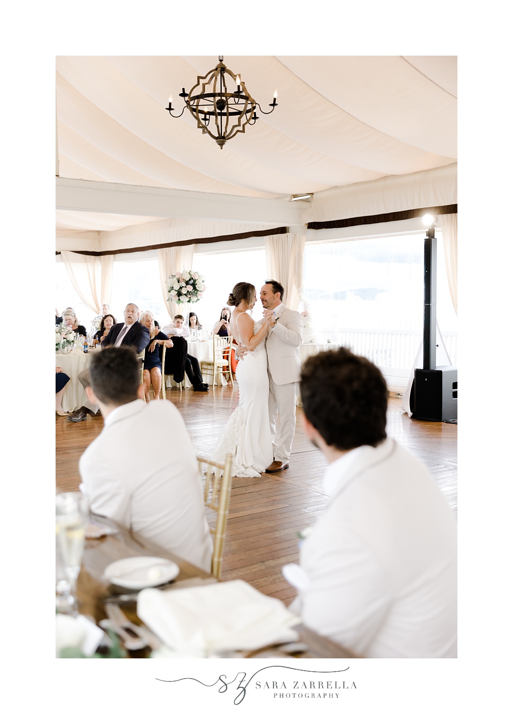 newlyweds have first dance under tent during Newport RI wedding reception