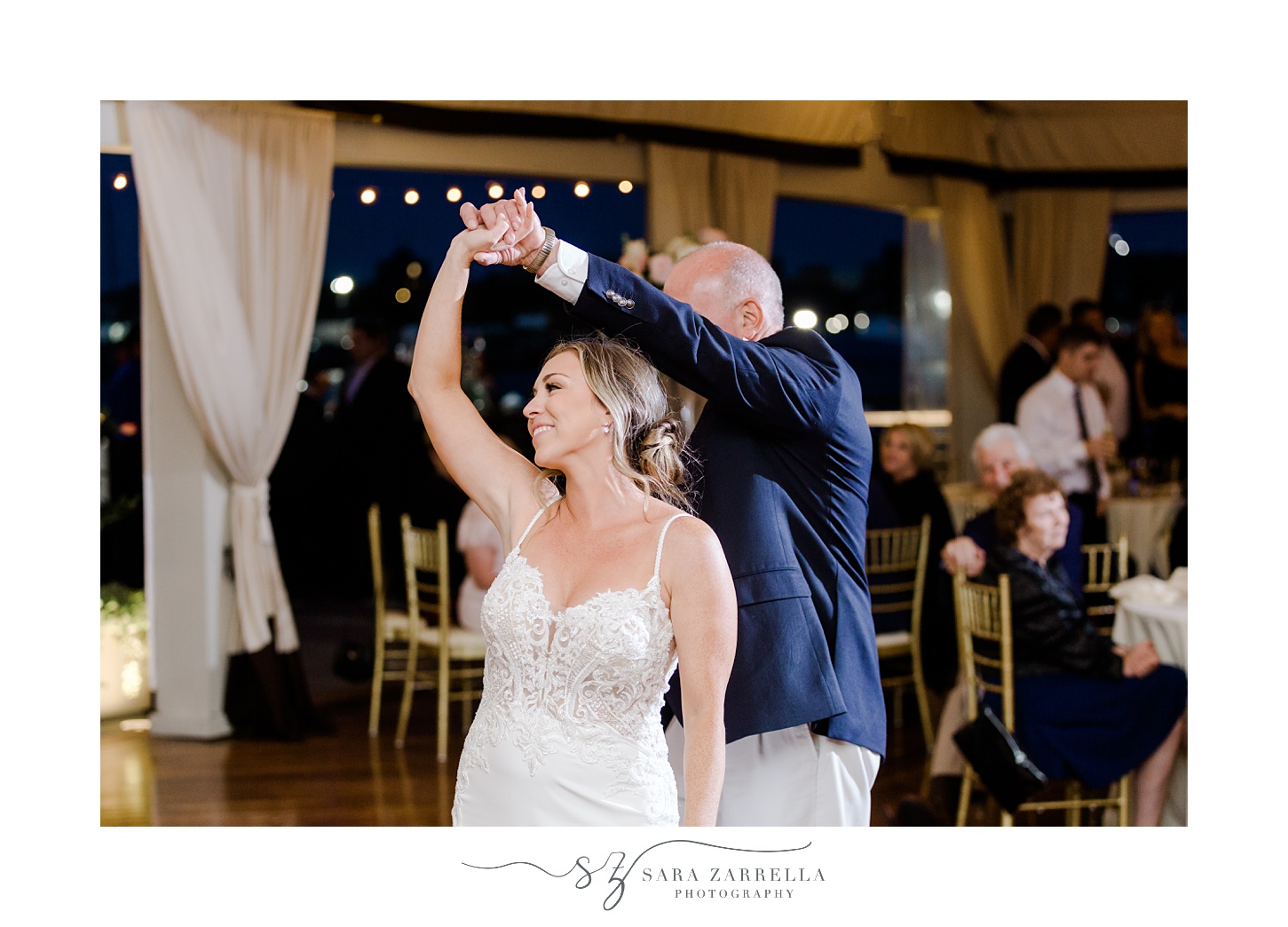 dad twirls bride during Newport RI wedding reception