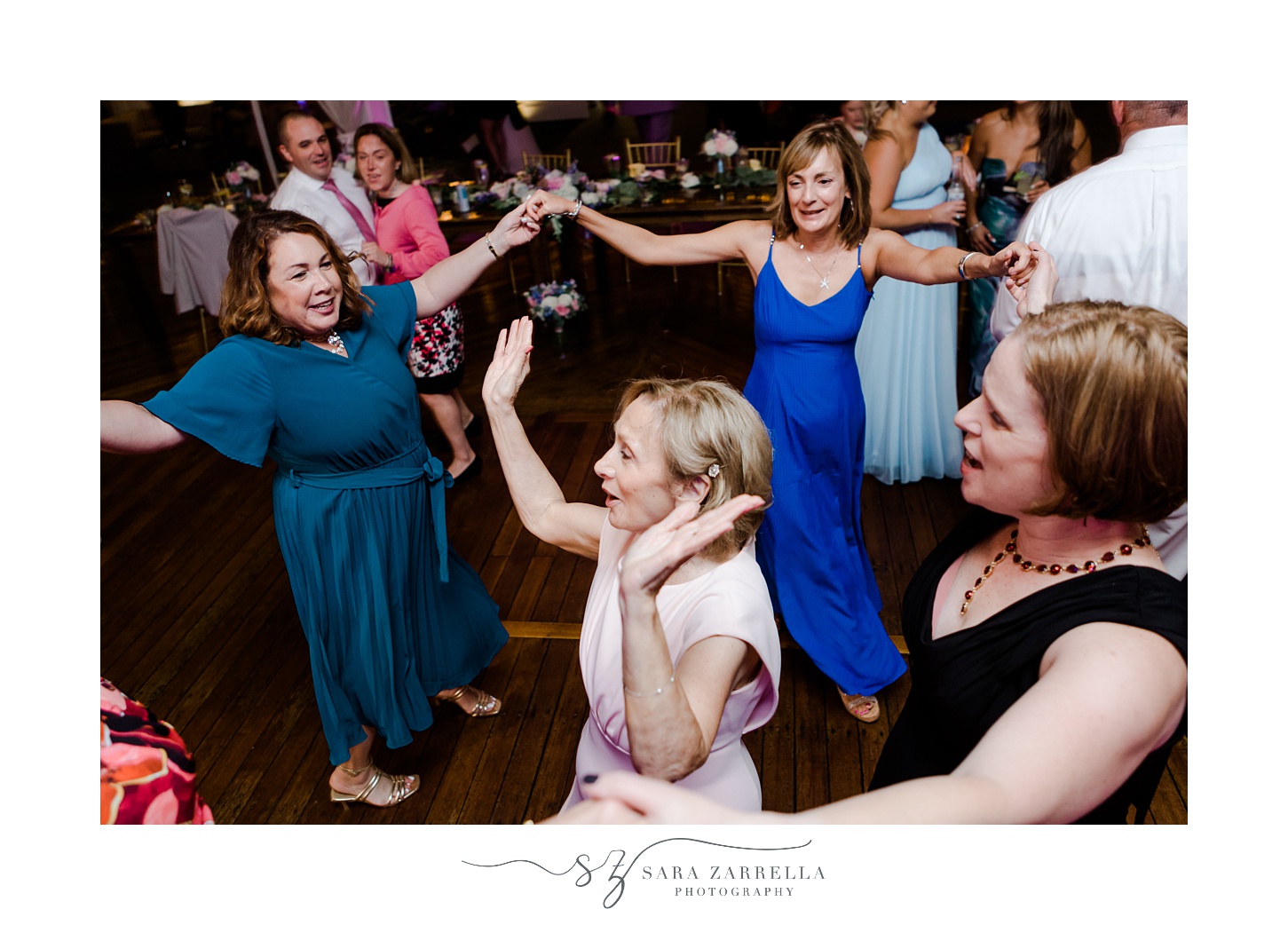 wedding guests dance during Newport RI wedding reception