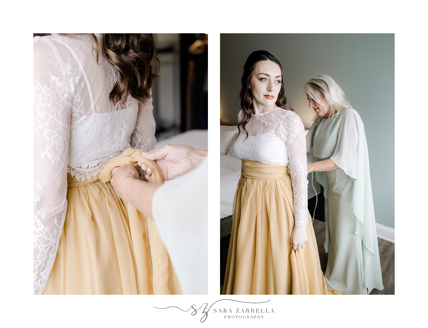 mother helps bride into gold wedding dress skirt before wedding at the Atlantic Wyndham Resort