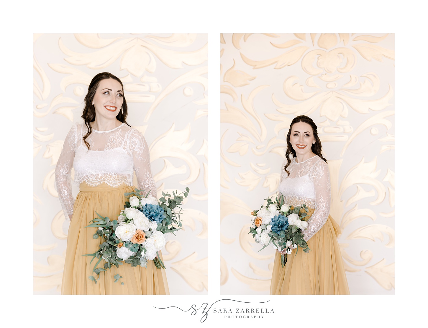 woman in gold skirt with lace top holds bouquet of silk flowers in front of gold and white wall at the Atlantic Wyndham Resort