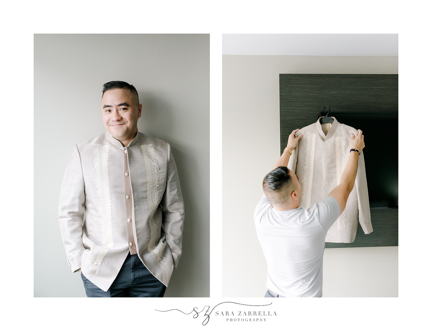 groom wears gold and white Barong shirt for Rhode Island wedding
