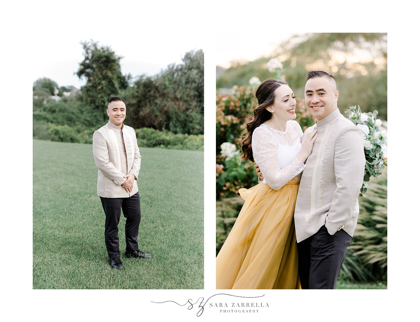 groom poses in gold and white barong style shirt 