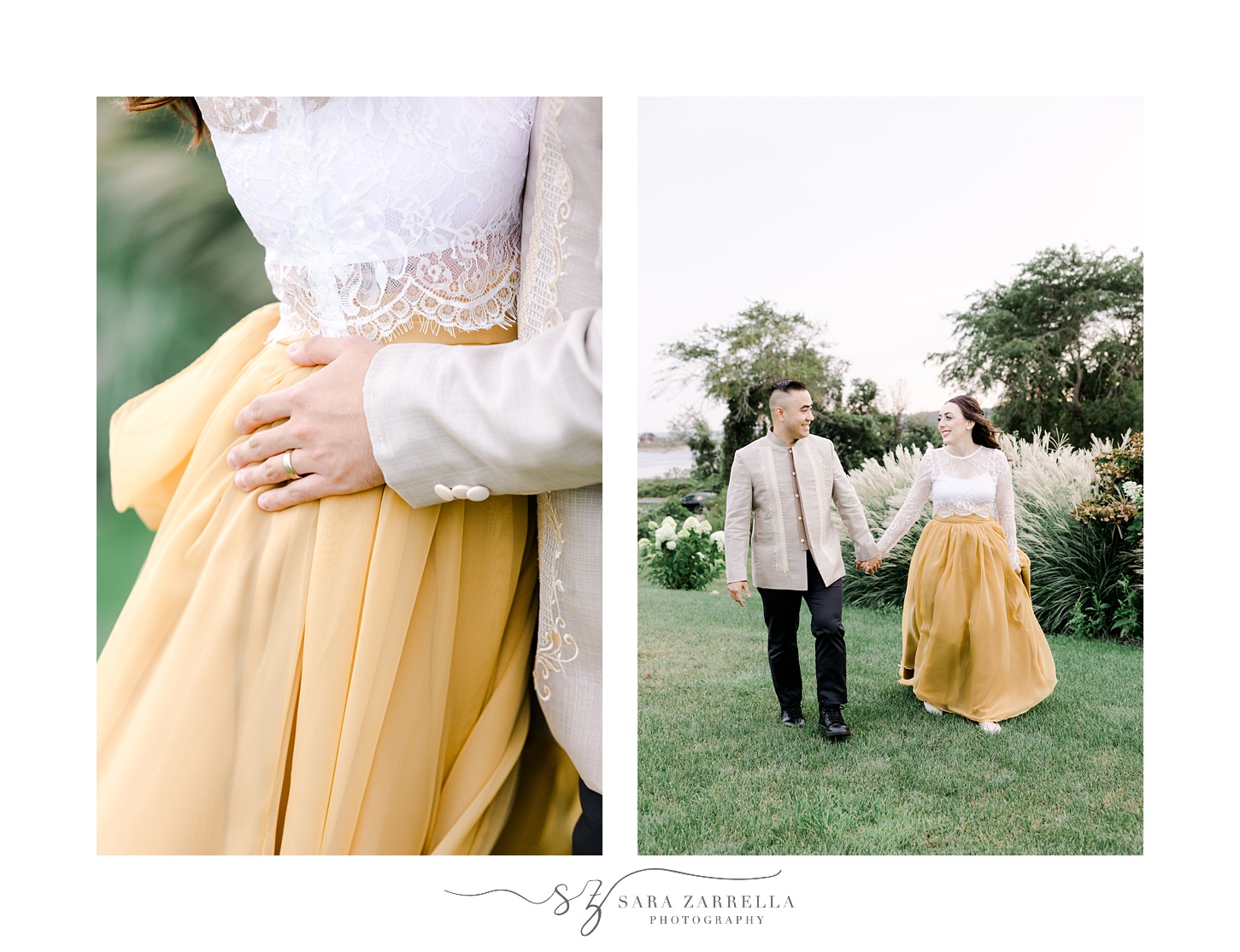 groom holds back of bride's gold skirt walking on lawn at the Atlantic Wyndham Resort