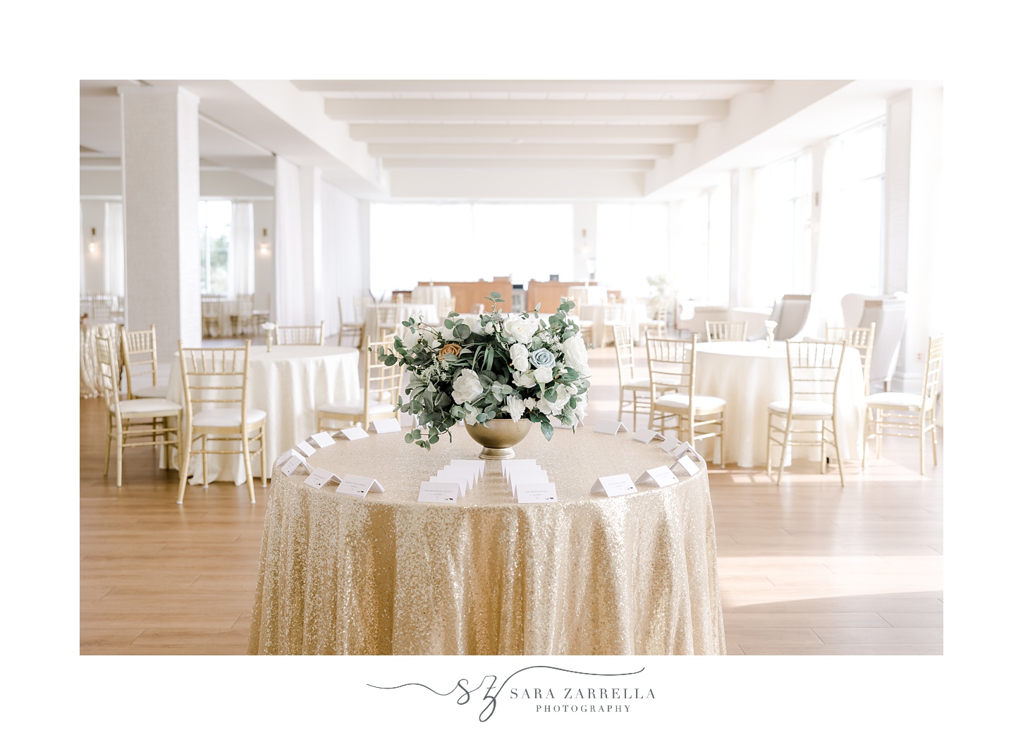 wedding reception at the Atlantic Wyndham Resort with gold table cloths 