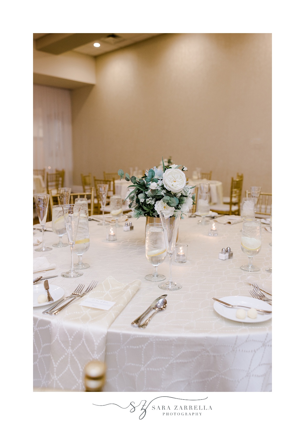 wedding reception with white rose centerpiece at the Atlantic Wyndham Resort