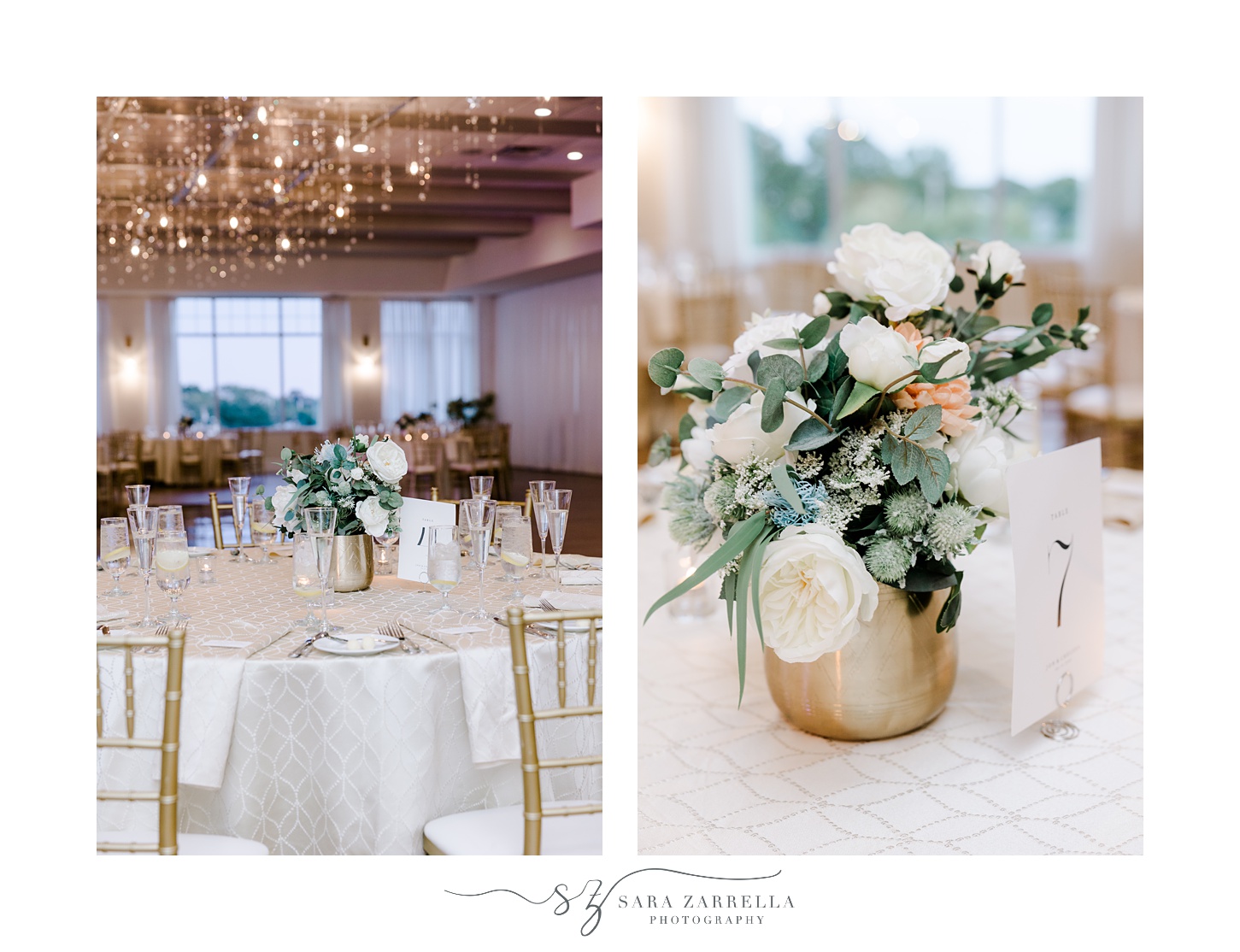wedding reception centerpieces in gold vases with silk flowers 
