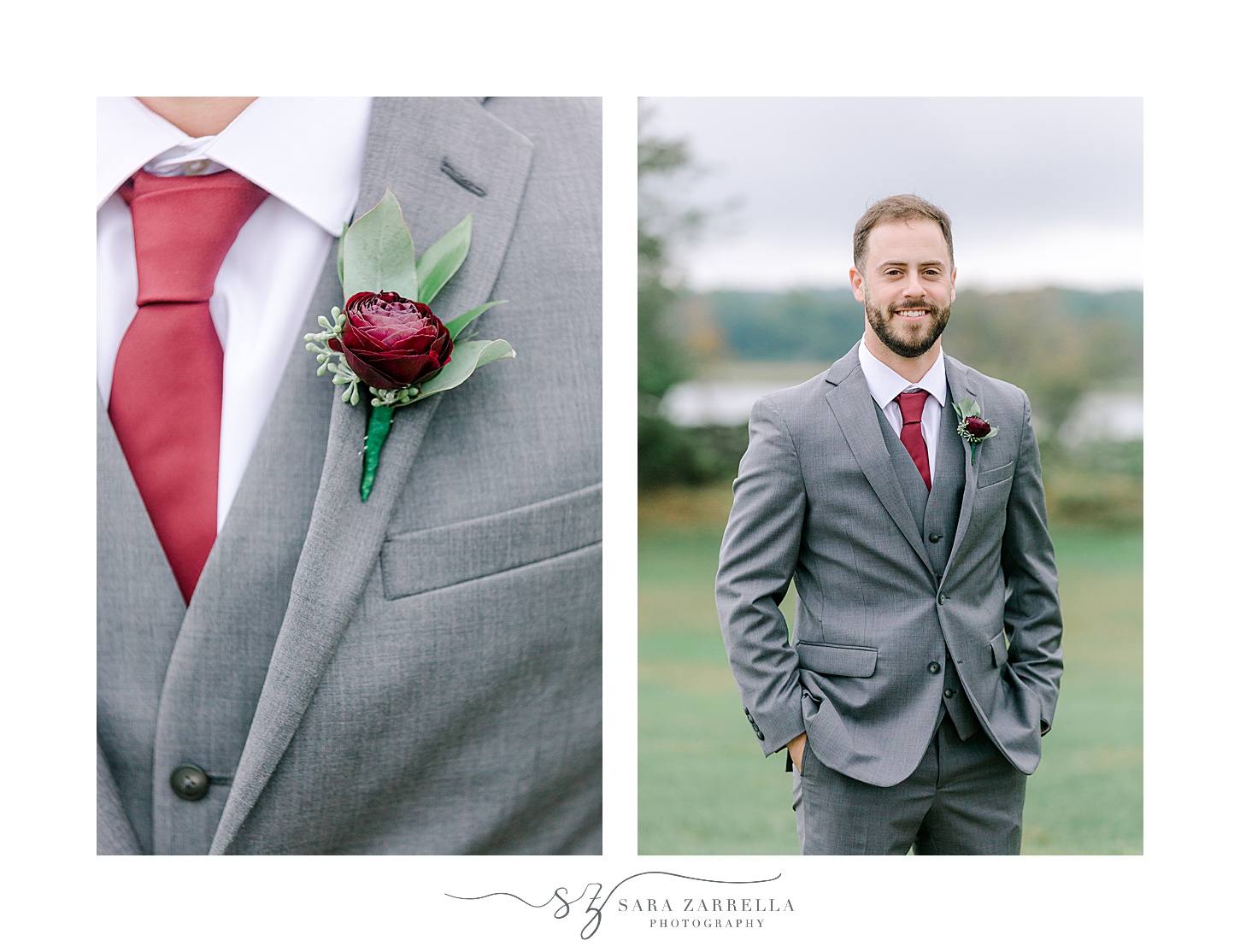groom stands with hands in pocket of grey suit with red tie and flower 