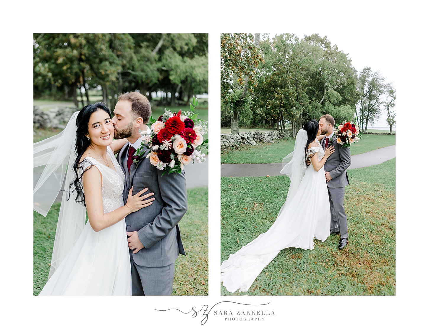 groom hugs bride kissing her cheek as veil floats behind her inside Colt State Park