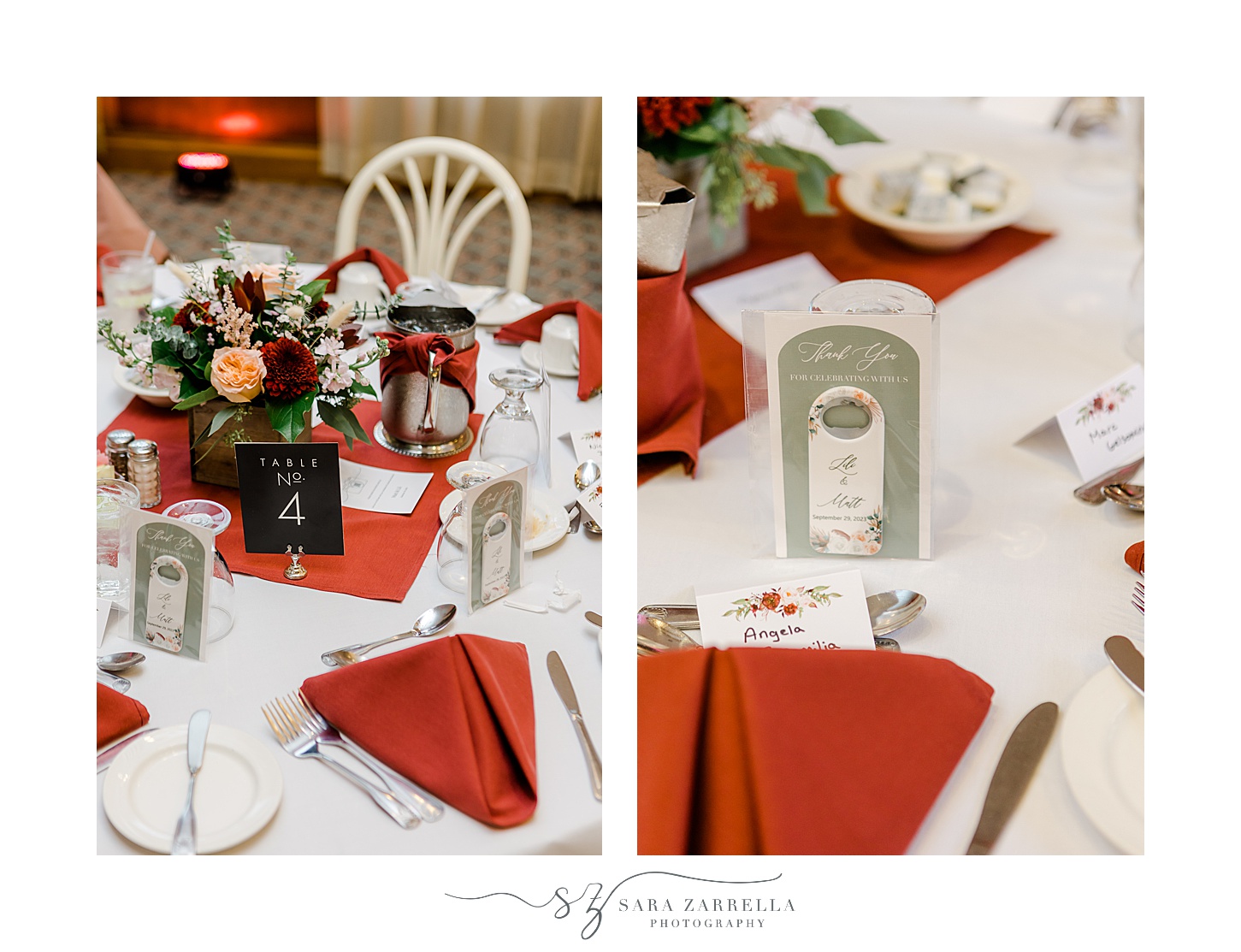 place setting for reception at Jacky's Galaxie with red napkins