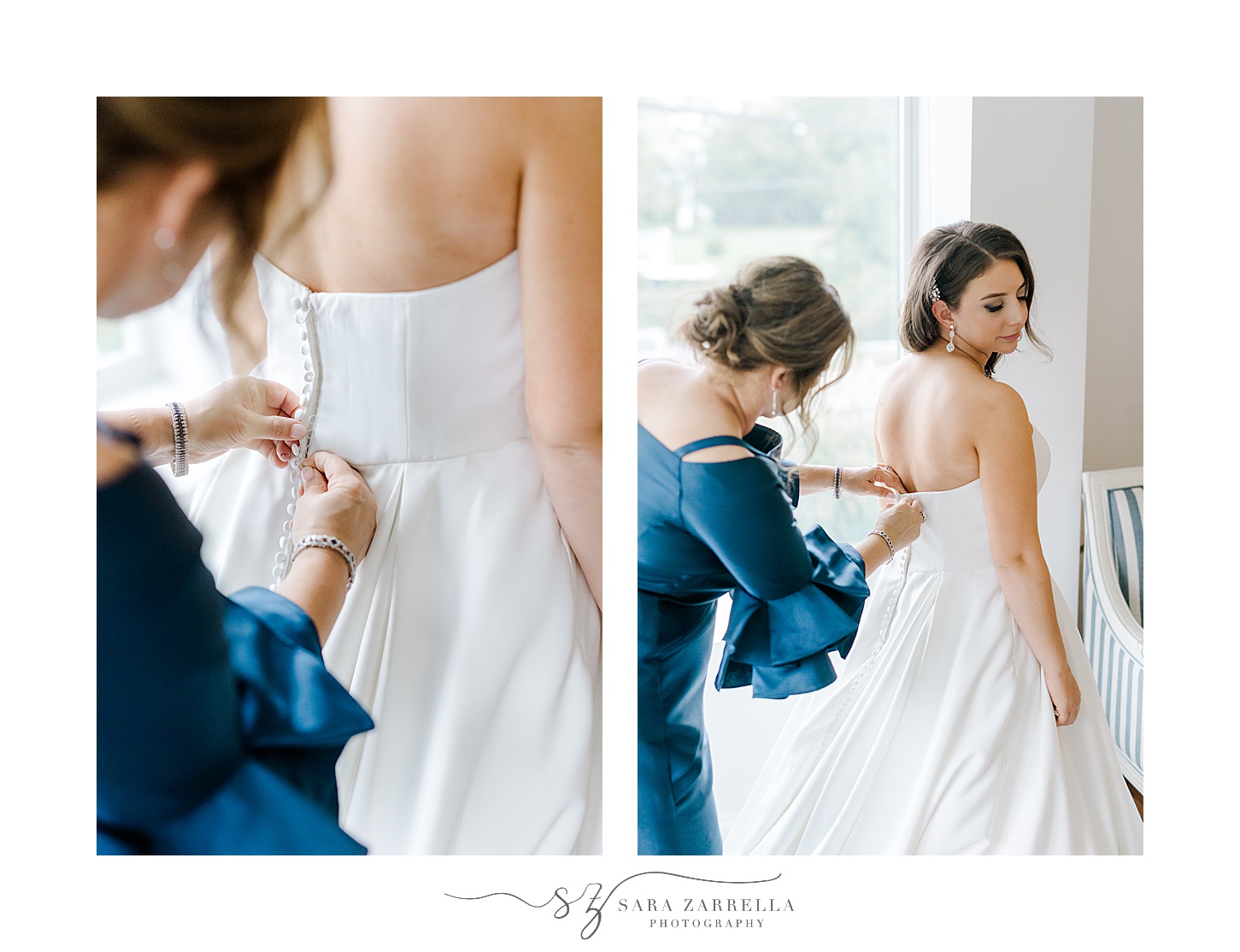 mother in blue dress buttons up bride's dress before Newport RI wedding