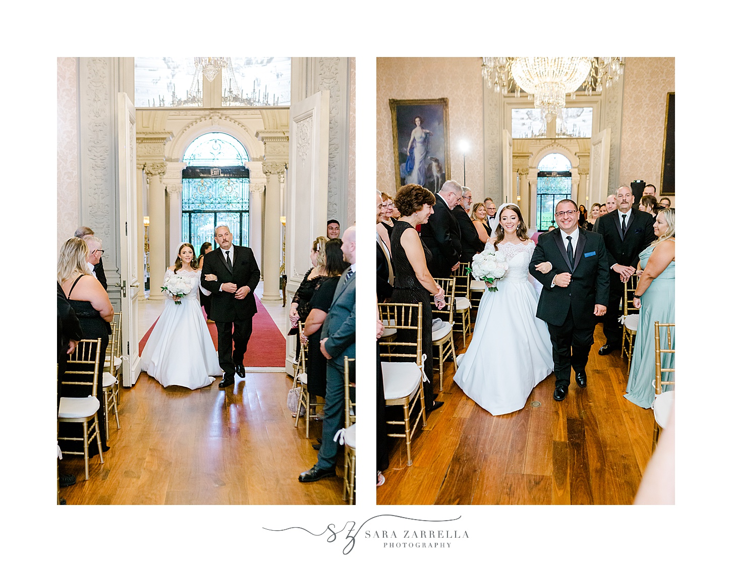 bride and father walk down aisle inside wedding ceremony at Rosecliff Mansion