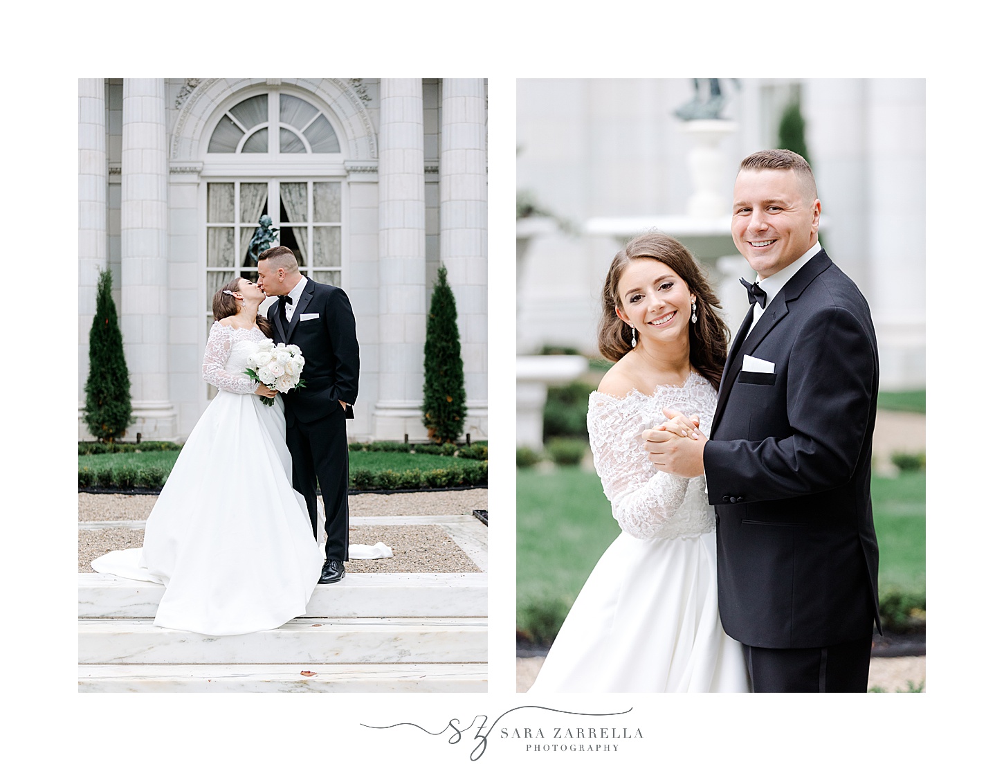 bride and groom hug on patio at Rosecliff Mansion