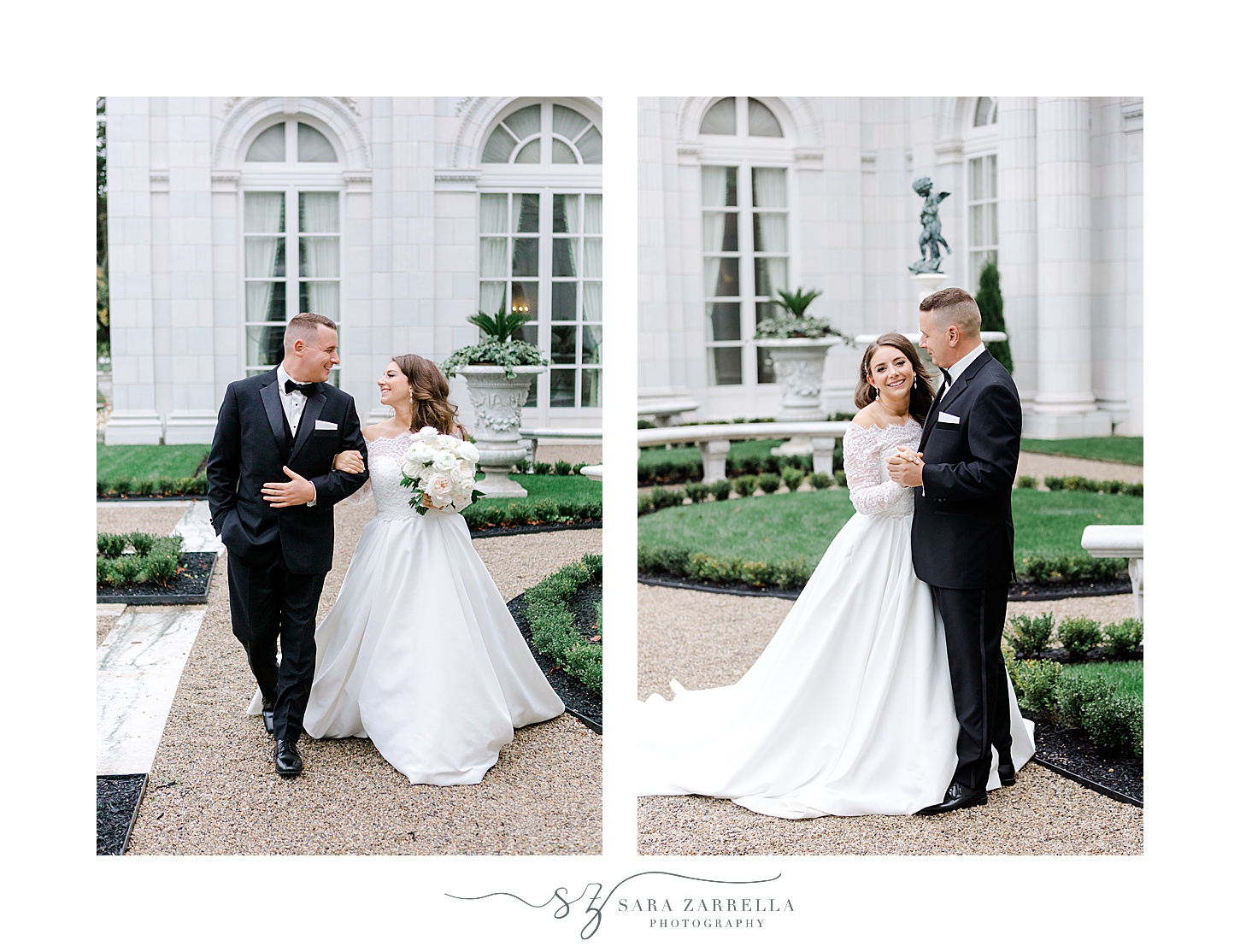 bride and groom walk through gardens at Rosecliff Mansion