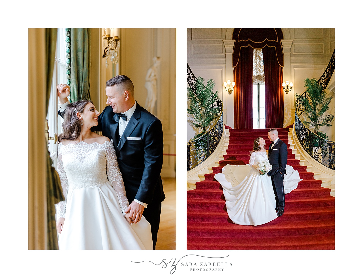 newlyweds hug on red steps inside historic Newport RI mansion with bride's skirt behind them