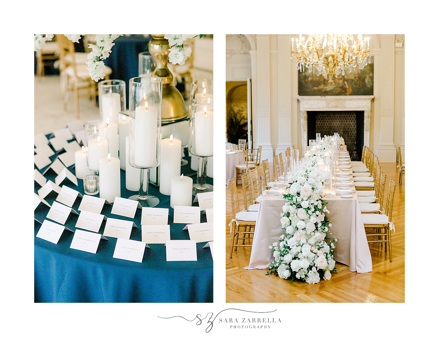 escort cards sit on blue table cloth with white candles 