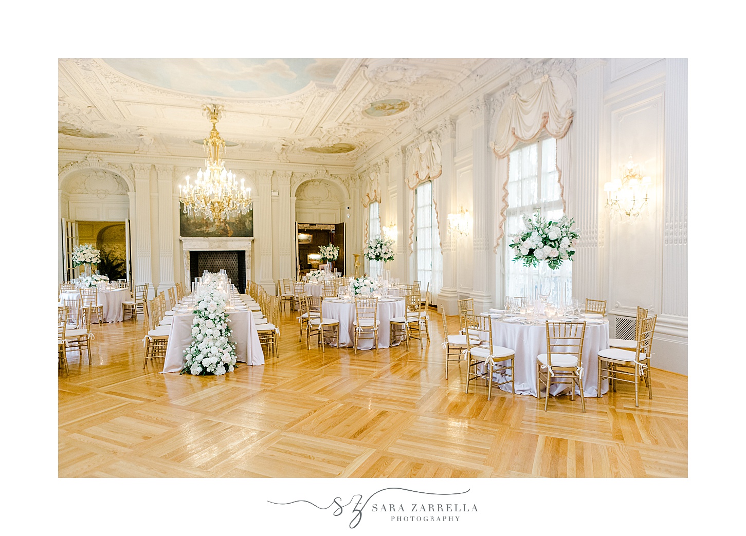 winter wedding reception with ivory and gold details at Rosecliff Mansion