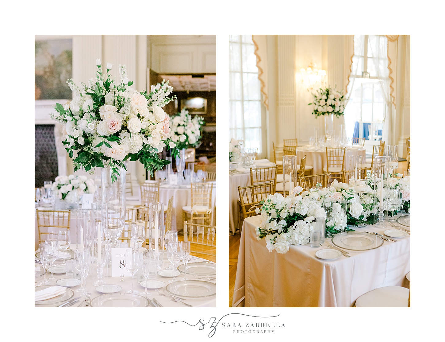 Rosecliff Mansion wedding reception with ivory and pale pink flowers 
