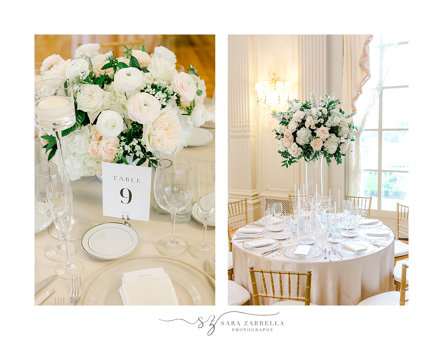 winter wedding reception at Rosecliff Mansion with ivory, gold, and pale pink details 