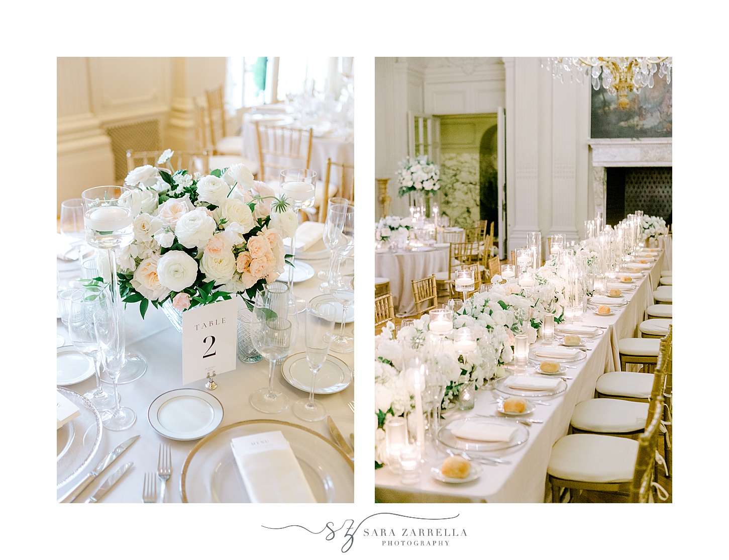 wedding reception with flowers and candles on the table at Rosecliff Mansion